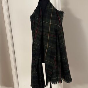 100% Acrylic Plaid Fringed Scarf 38x76 hunter green, red and black